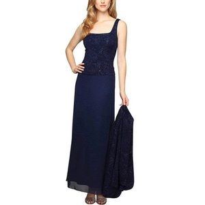 Alex Evenings Jacquard Glittered Sparkle Sleeveless Maxi Dress Gown Navy Blue 12